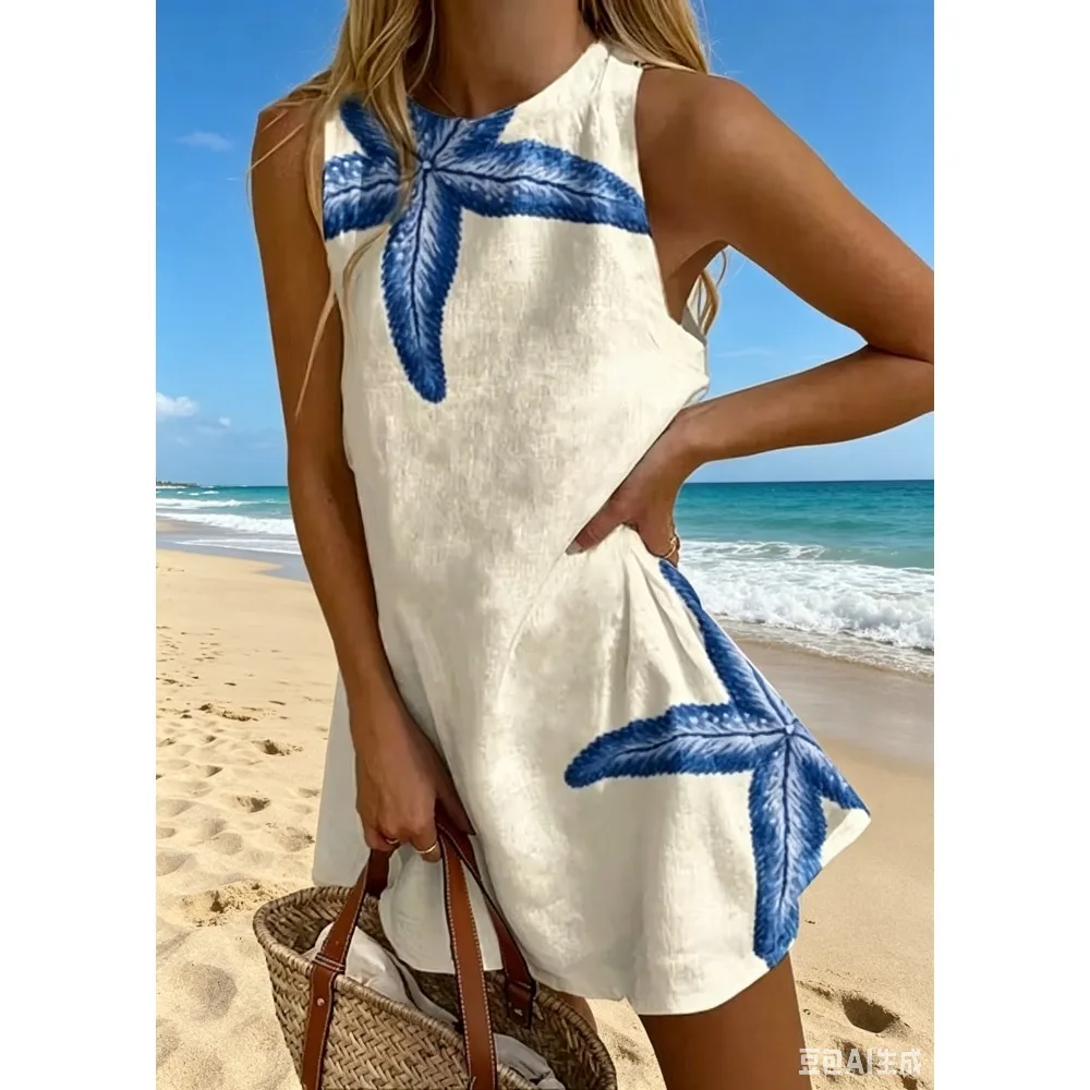 Women's Sleeveless Coastal Starfish Seashell Print Mini Swing Dress Loose Contrast Trim A-line Sundress Summer Beach Cover Wear