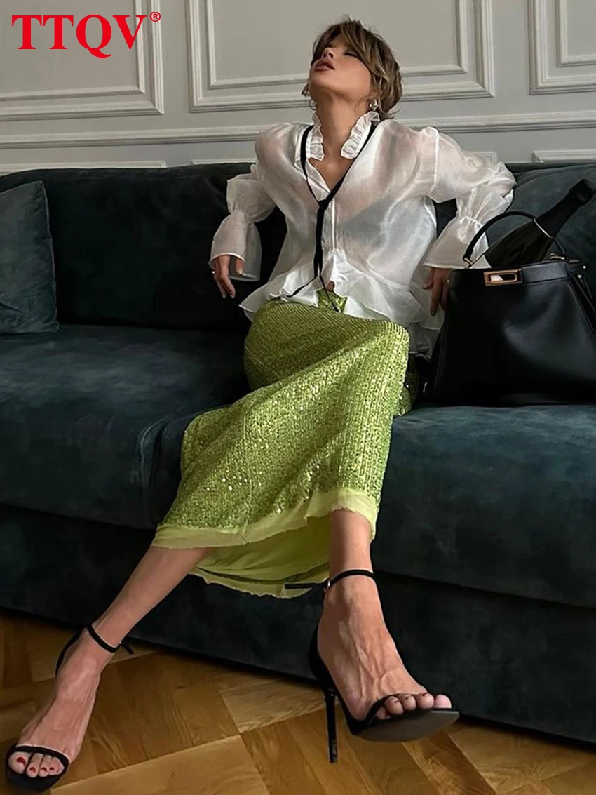 

TTQV Sexy Loose White Women'S Shirt 2024 Fashion Ruffle Collar Long Sleeve Blouses Elegant See Through Top Female Clothing