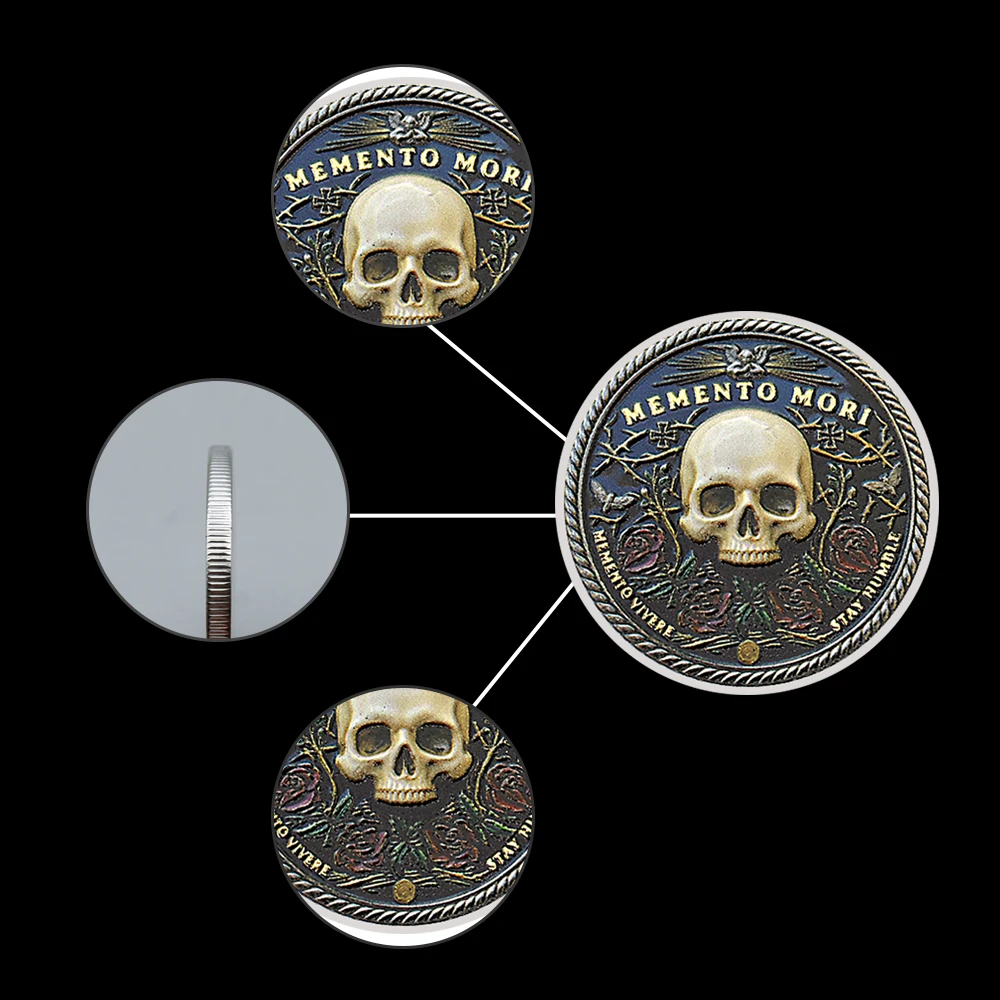Memento Mori Skull Coin Collectible Souvenir, Limited Edition Gothic Coin, Unique Gift for Collectors and Dark Art Fans replica view 5