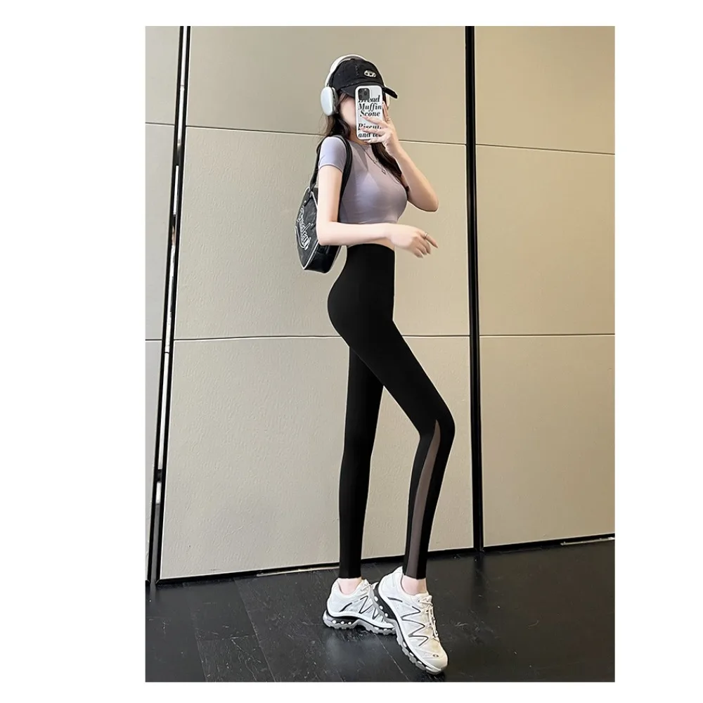 2025 Spring and Summer Outerwear Ice Skin Mesh Nine-point Thin Shark Pants Abdomen and Butt Lifting Yoga Sunscreen Leggings