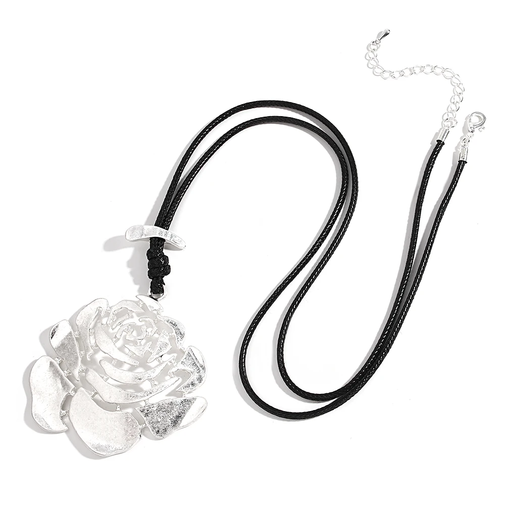 

Amorcome Elegant Large Hollow Flower Pendant Necklace For Women Fashion Leather Rope Choker Necklace Exquisite Jewelry Gift New