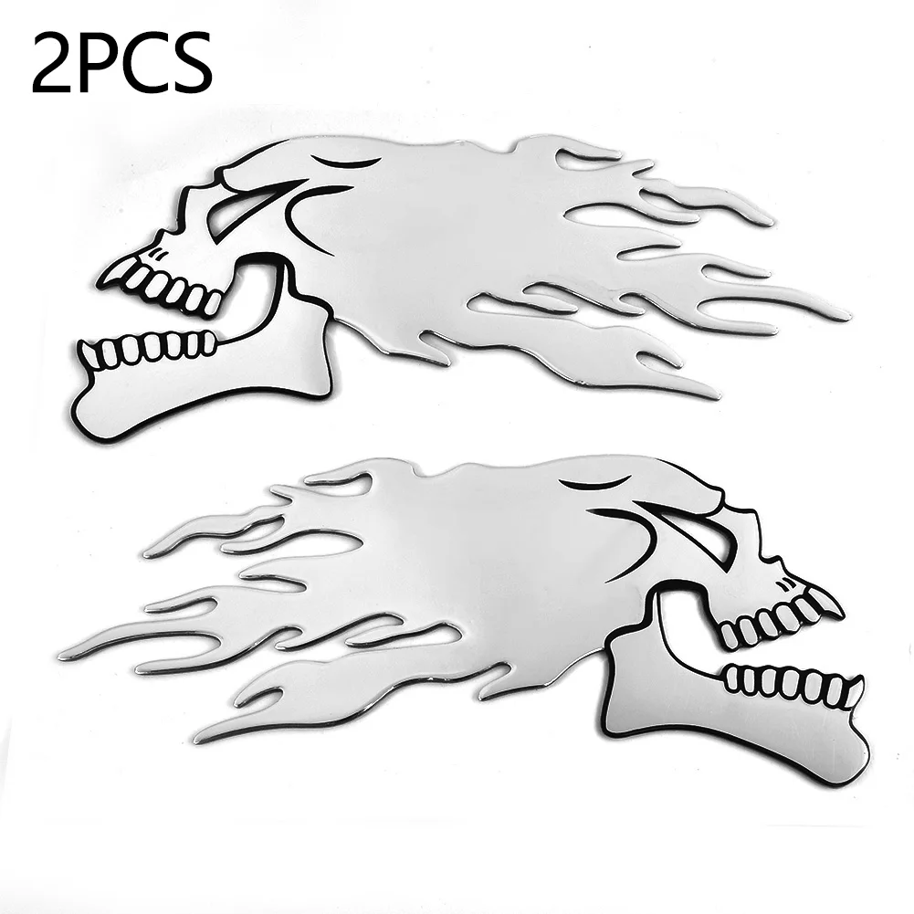 Car Sticker Motorcycle Tank Decals Silver Flaming Skull 3D Gel Sticker Pair for Dual Sport/Off Road/Street Bikes