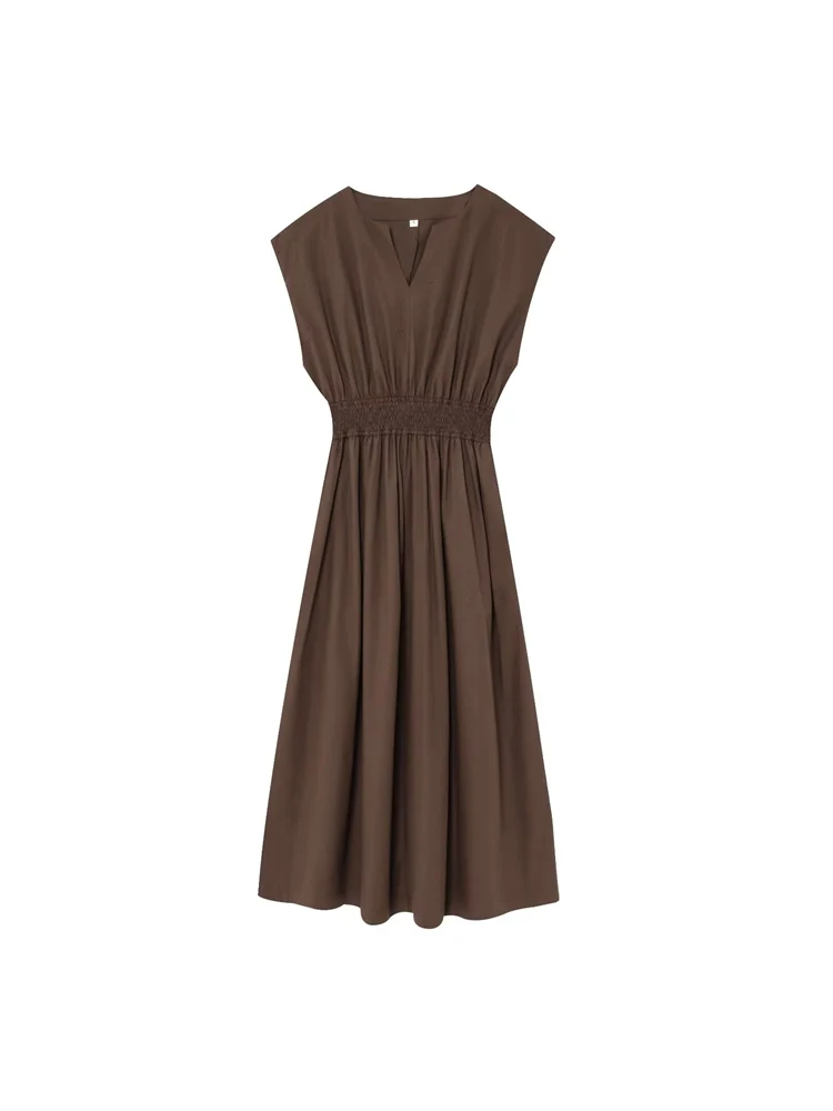 Letnia kolekcja 2025: Nowa moda damska, wyszczuplająca spódnica midi z wysokim stanem, prostym dekoltem w serek, elegancka, do pracy, w jednolitym kolorze.