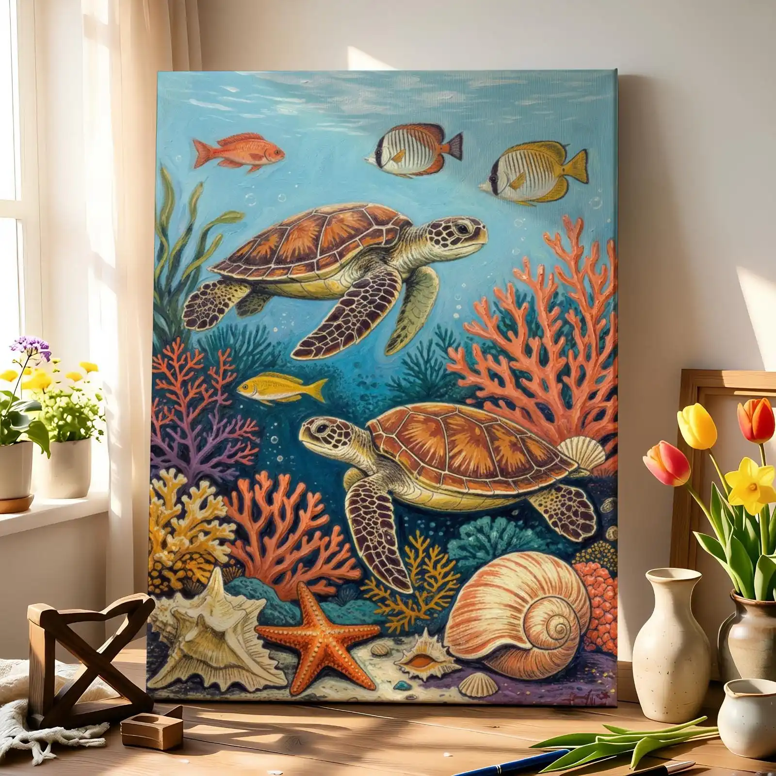 DIY Paint by Numbers Coral Reef Starfish Jellyfish Ocean Life for Adults Beginner Canvas Wall Art Home Decor Gift