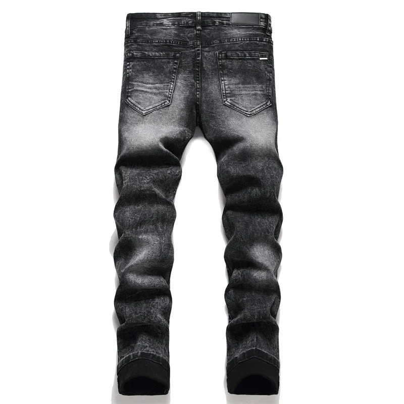 

European Style Black White Star Embroidery Men Ripped Jeans Trend Brand Motorcycle Denim Pants Quality Mens Slim Jeans