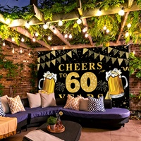 Happy 60th Birthday banner background party decoration, Black gold Cheers 60 years photo party supplies background