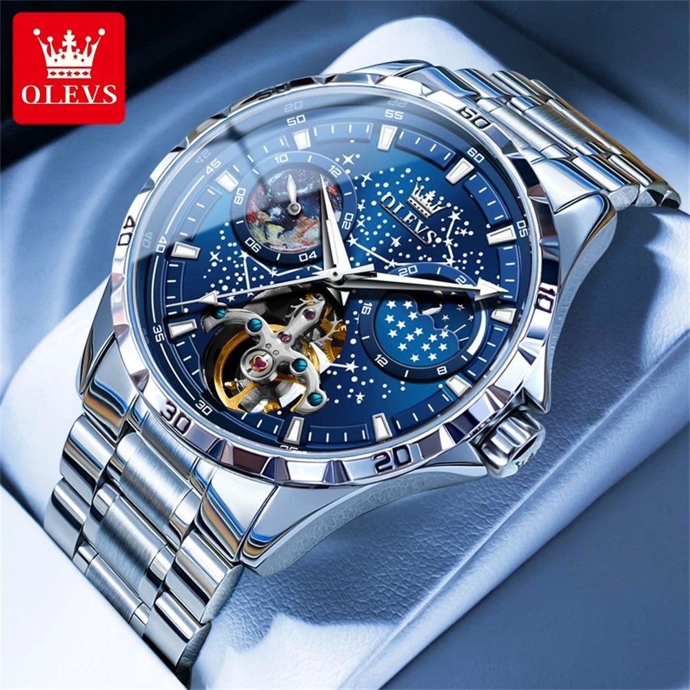 OLEVS Fashion Starry Sky Dial Mechanical Watch for Men Stainless Steel Waterproof Automatic Moon Phase Tourbillon Watches Mens