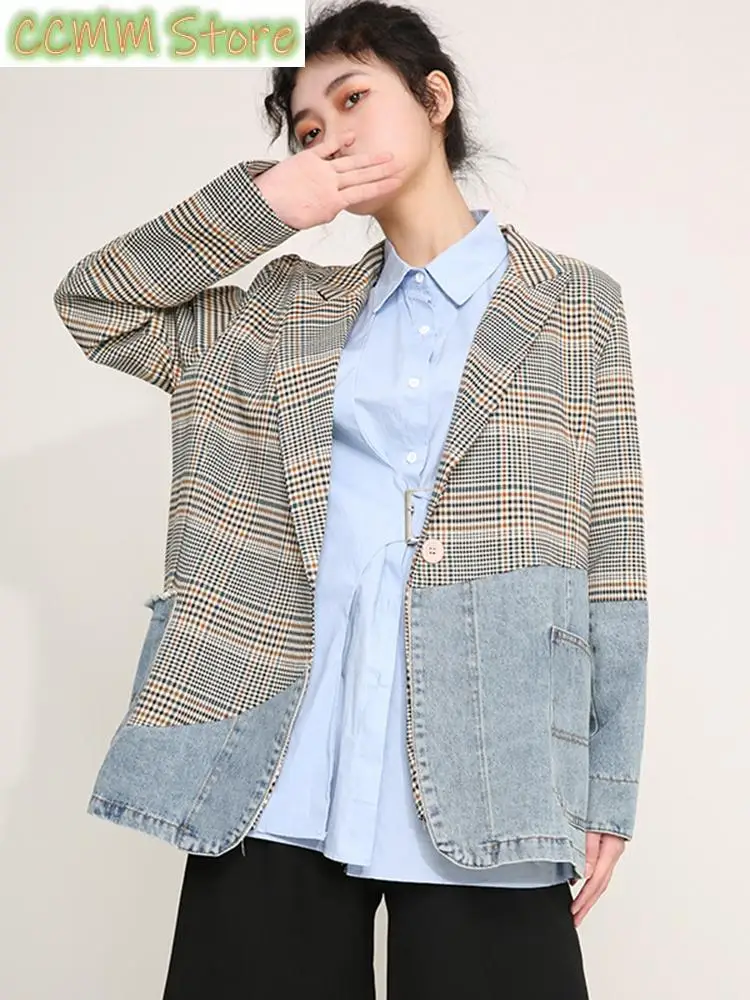 Women Blue Plaid Denim Big Size Blazer New Lapel Long Sleeve Loose Fit  Jacket Fashion Tide Spring Autumn