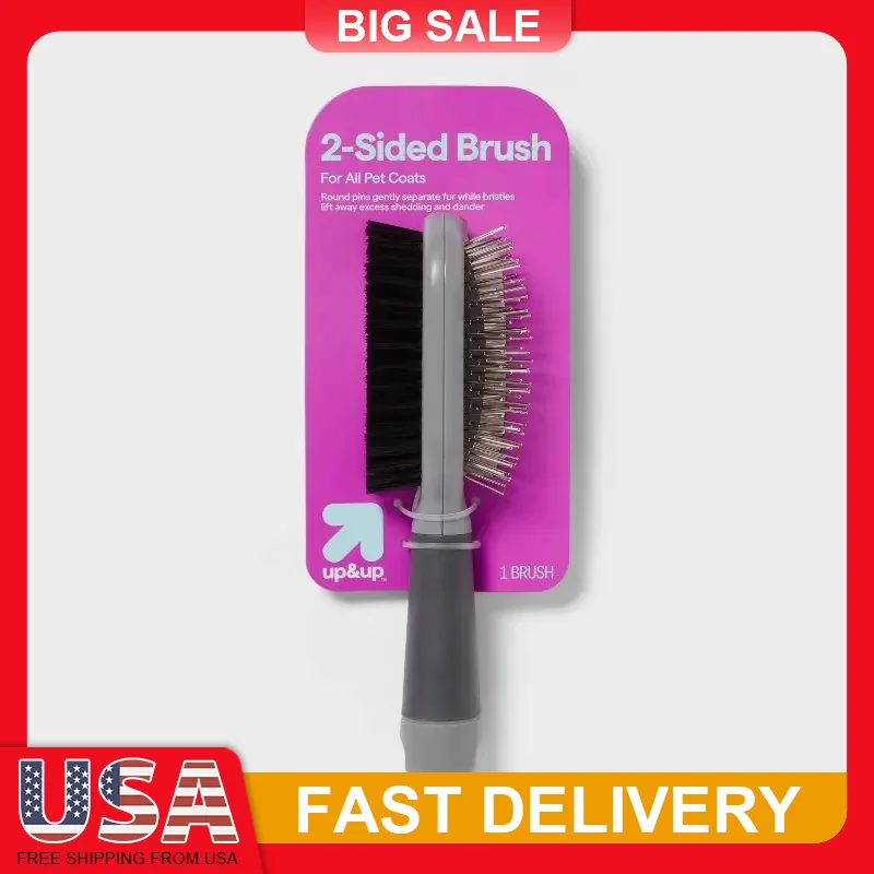 

Dog Comb Brush 2-Sided Grooming Tool Round Pins Bristles Remove Loose Hair Dander Ergonomic Non Slip Handle All Pet Coats