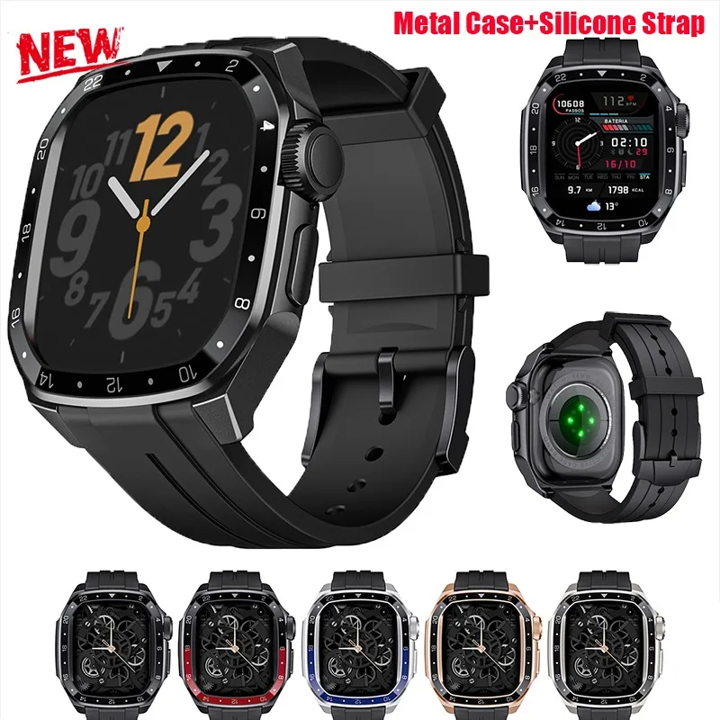 

Роскошный комплект модификации для Apple Watch S11 10 46 мм, металлический корпус + силиконовый ремешок для Iwatch 45 мм, сменные аксессуары для бампера