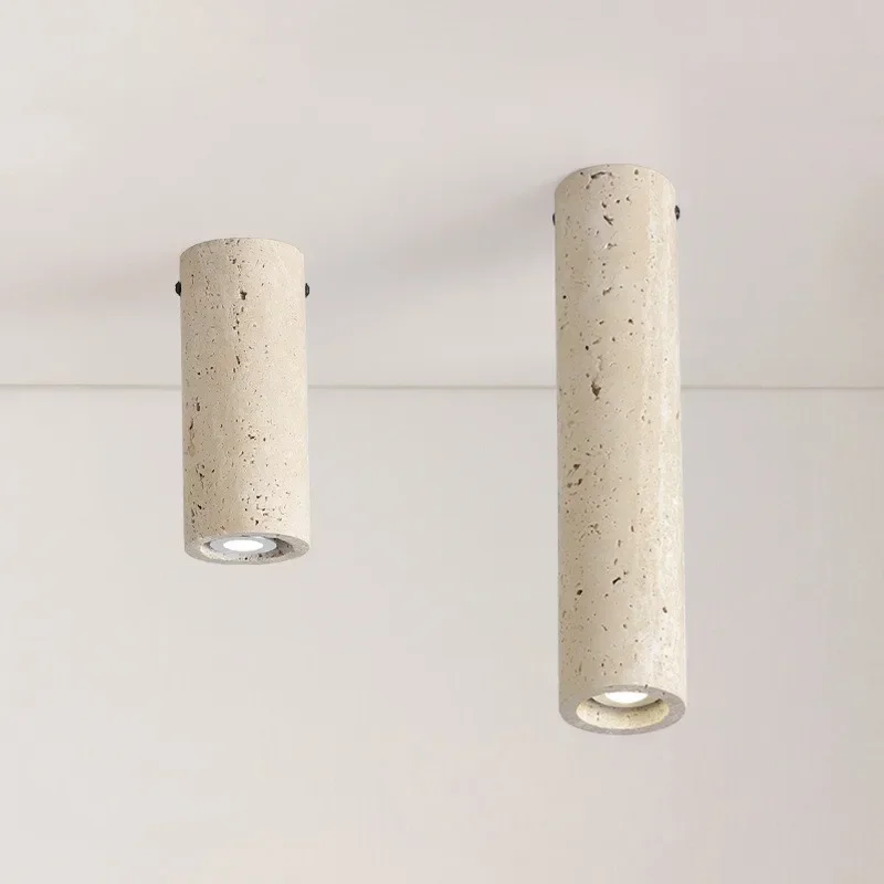 Surface Mounting Stone Light Yellow Travertine Cylindrical Ceiling Lamp