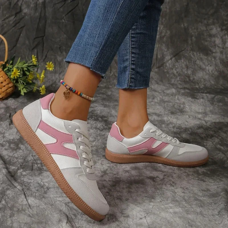 Zapatos vulcanizados con cordones para mujer, calzado de punta redonda con suela de solapas de colores mezclados, informales, cómodos y planos, gran oferta, Otoño, 2024