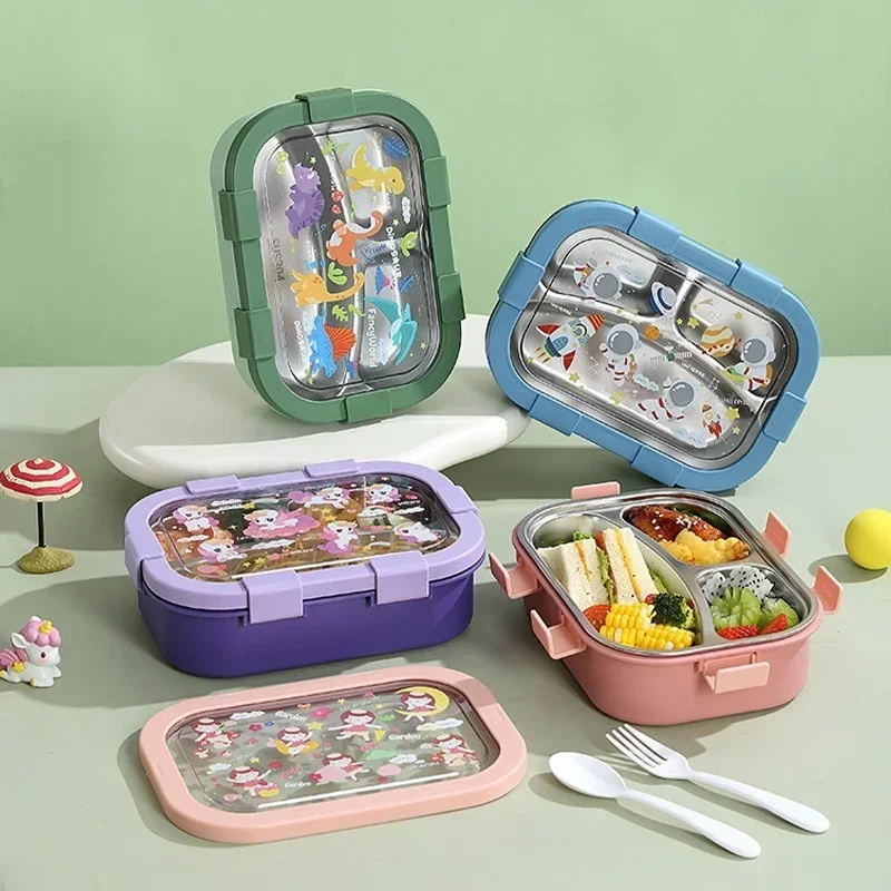 Stainless Steel Cartoon Lunch Box Compartmented Bento Box with Spoon Fork Sealed Leak-proof Lunch Box Food Storage Container