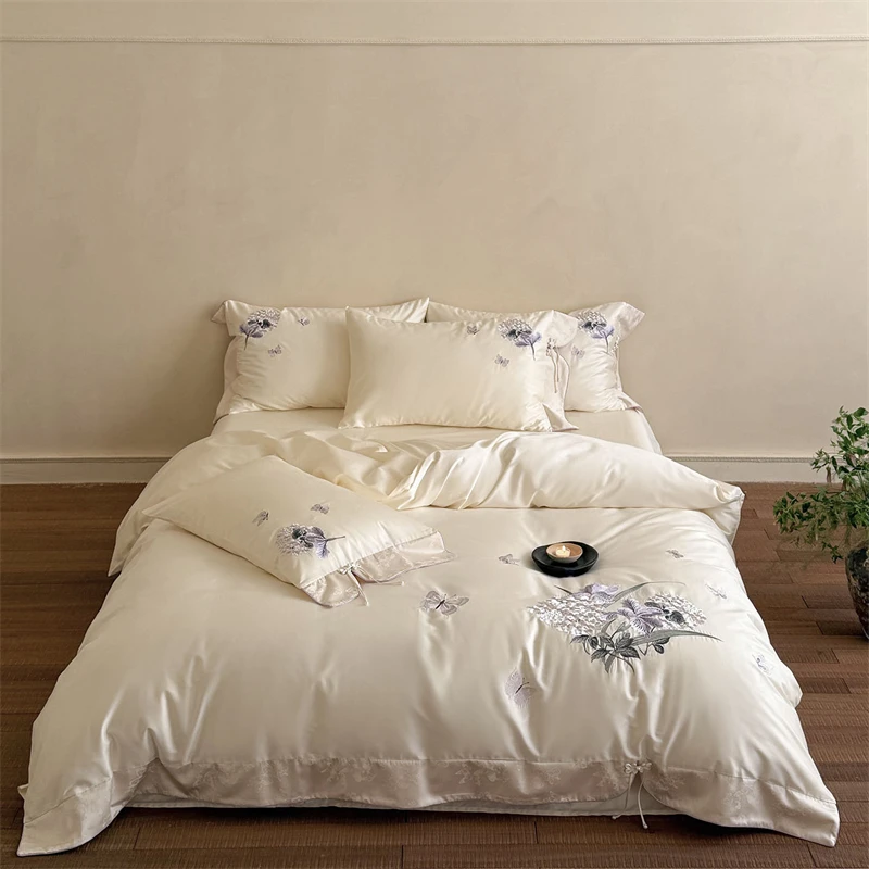 Oriental Luxury Flowers Butterfly Embroidery Bedding Set 100S Egyptian Cotton Duvet Cover Flat/Fitted Bed Sheet Pillowcases 4Pcs