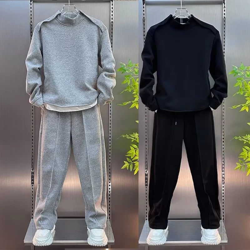 2pcs men's autumn set simple casual sportswear zipper round neck pullover sweatshirt solid color 2025 new item complete set