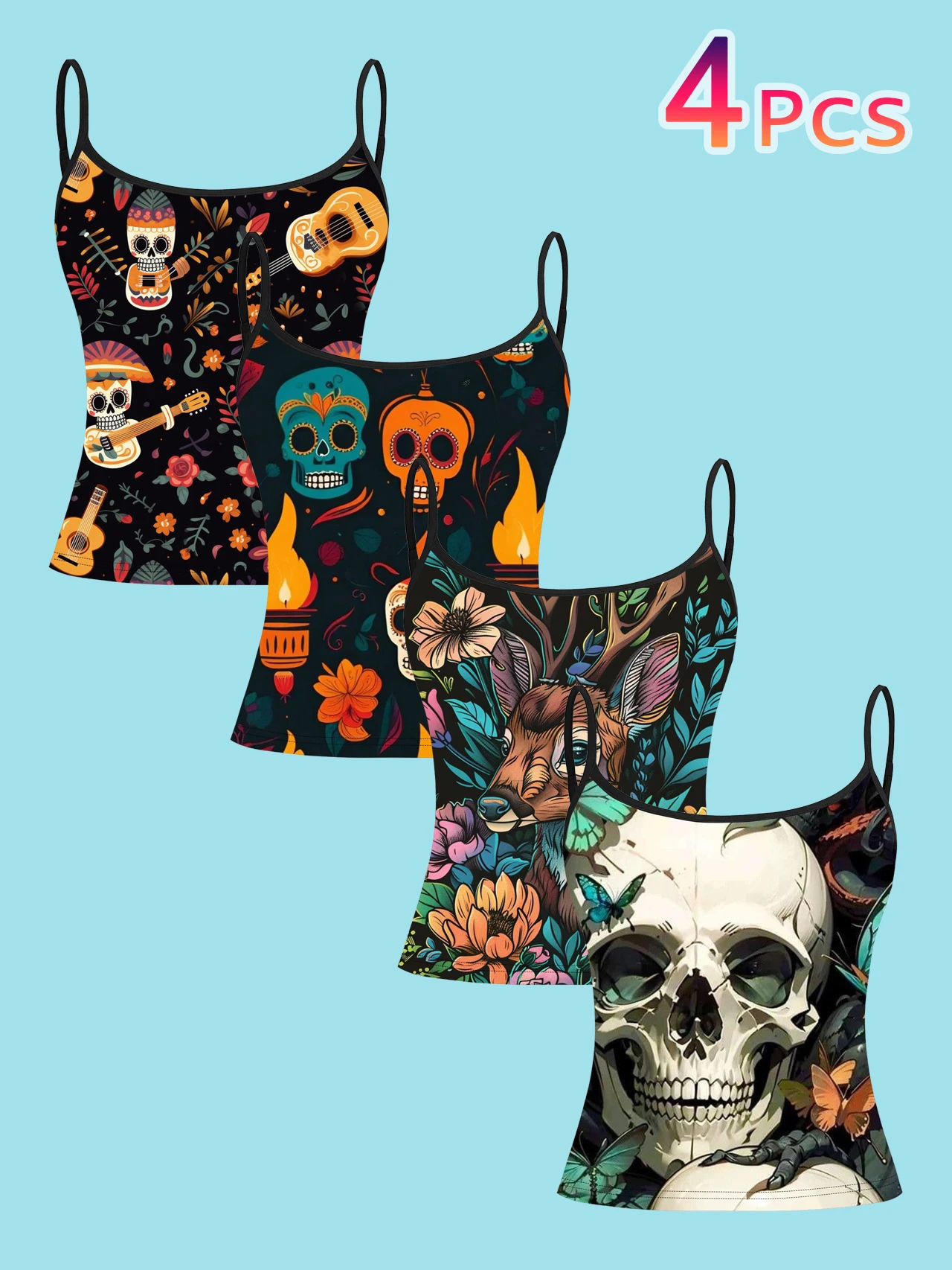 4-Piece Set of Day of the Dead Sugar Skull Women's Camisoles, Mexican Guitar Floral Deer Butterfly Skull Print Slim-Fit Spaghetti Strap Short Camisole Tops