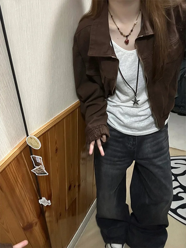 Retro Brown ort Denim Jaet Damen Frühling Herbst Lose High Street Kleine Größe Jaet Top Pendeln Sle Reißverschluss