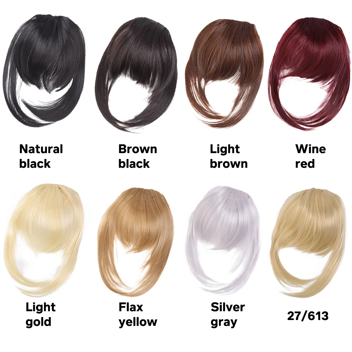 Synthetic enlarged version of the air bangs clip on the woman's forehead and sideburns layered bangs wig