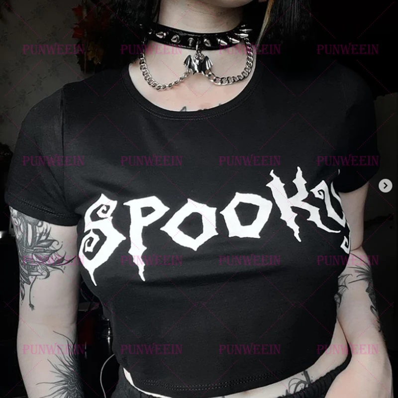 Spooky Daemon Gothic Punk Streetwear T-Shirt Harajuku Sweet girl Baby Tee Summer Emo Girls Vintage kawaii Y2k 90s Party Crop Top