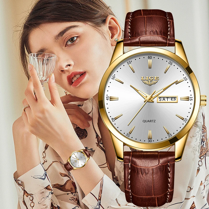 LIGE Fashion Elegant Quartz Woaman Watch Luxury Casual Simple Leather Women\'s Wristwatches Waterproof Date Weeks Reloj Mujer+Box