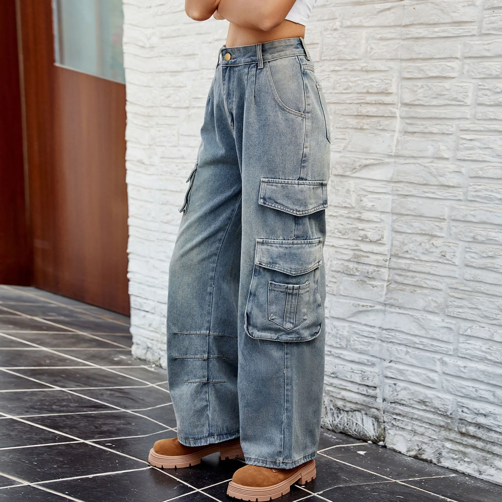 Nouveau printemps automne femme poche vêtements de travail Denim Cargo pantalons longs mode taille moyenne Vintage décontracté rue pantalon ample 2025