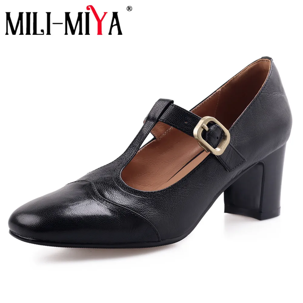 

MILI-MIYA Classic Retro Concise Style Women Soft Sheep Skin Pumps Thick Heels Round Toe Buckle Strap Casual Street Shoes