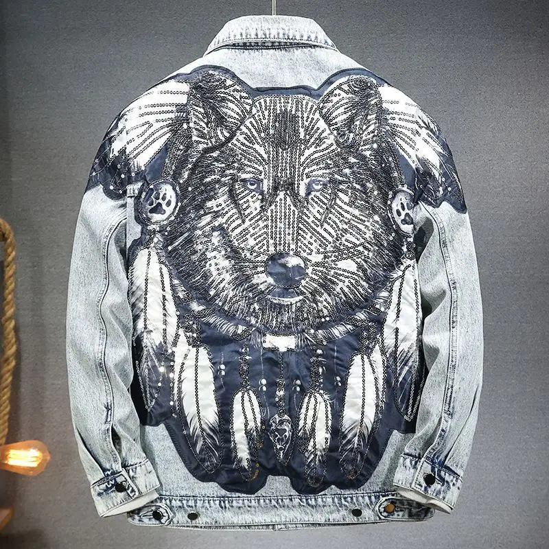 VERSMA Spring Japanese Vintage Wolf Sequined Denim Jacket Men Ripped Streetwear Embroidery Denim Jeans Women Jacket Dropshipping