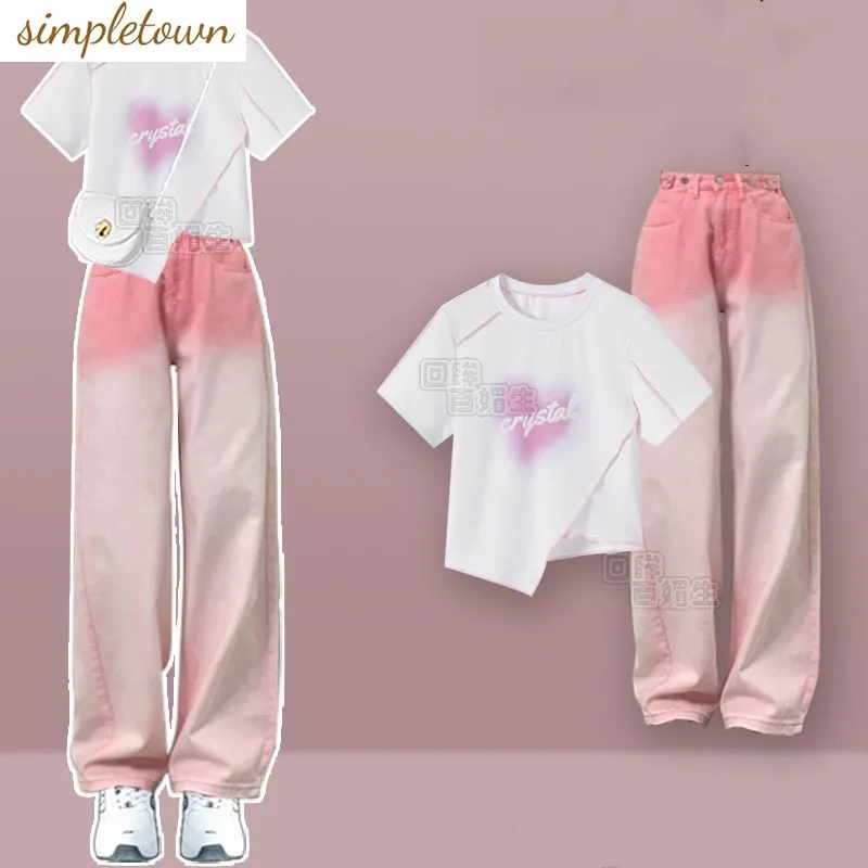 2023 Spring/Summer New Fashion Women's Sweetheart Style Pink Gradient Jeans Women's Two Piece Set Fashion