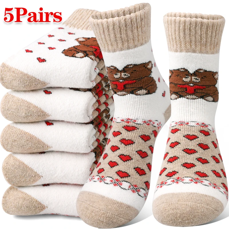 

5Pairs Knitted Cute Bear Mid Tube Socks Women's Winter Warm Thickened Plush Snow Sock Love Fashion Outdoor Sports Daily Home Cre