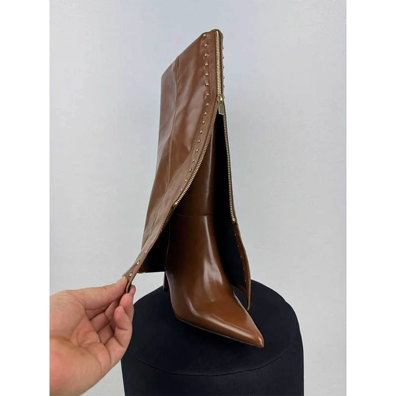 

Women's Fold Over Knee High Boots Black Brown Leather Studded Zipper Sharp Pointed Toe Stiletto Heel Gothic Punk Style Shoes