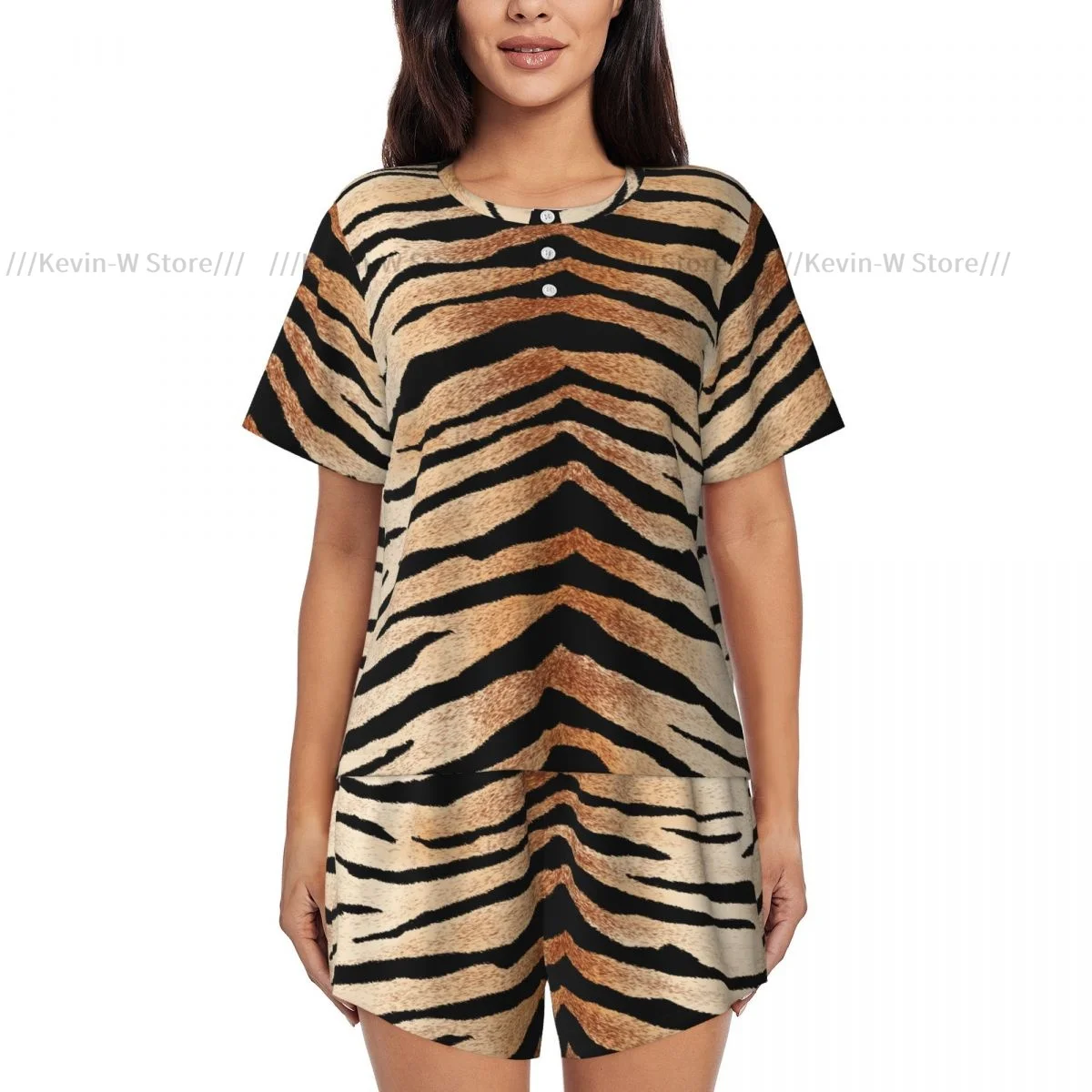 Woman Pajamas Set Tiger Skin Pattern Summer Short-Sleeved Female Suit Homewear