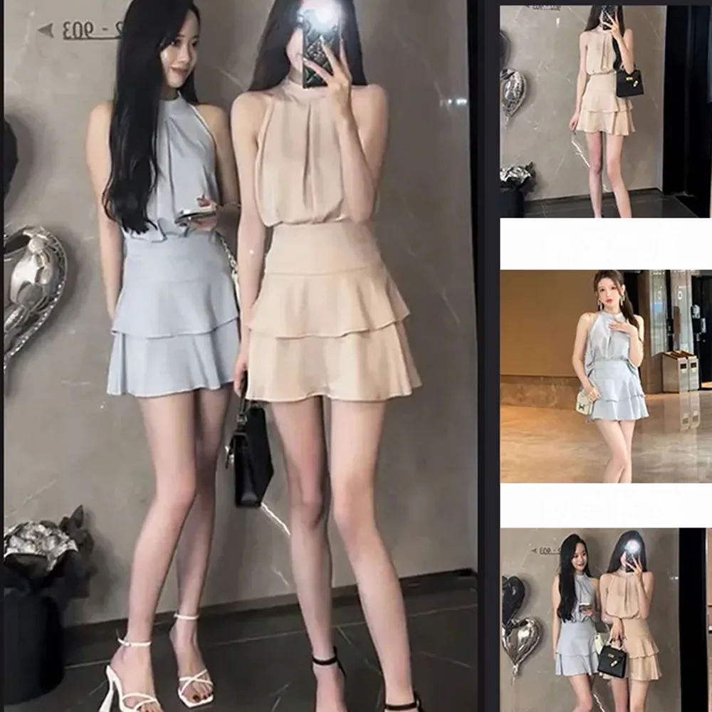 2024 Summer Satin 2 Piece Skirt Set Women Korean Sleeveless Y2k Crop Tops Shirt + Ruffles Mini Skirt Female Elegant Women's Sets