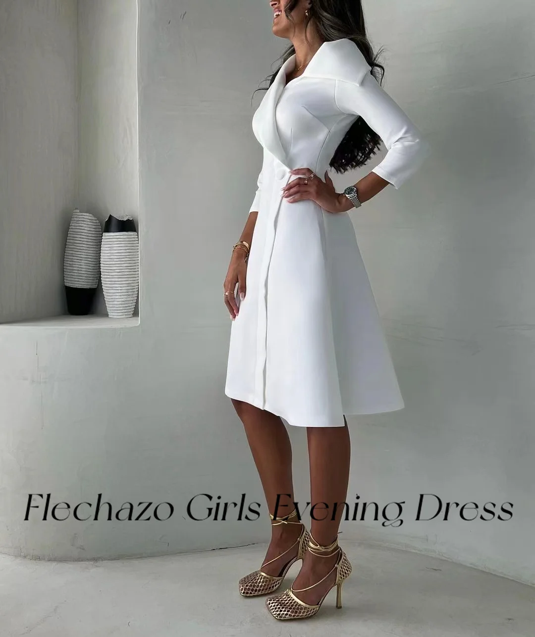 Flechazo White Evening Dresses V Neck Knee-Length Full Sleeve A Line Wedding Party Formal Dress For Women 2024 vestidos de gala