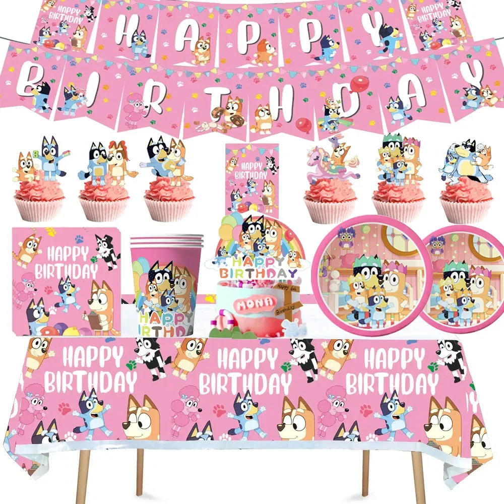 Roze Bluey Servies Verjaardagsfeestje Decor Bingoes Kopjes Servetten Tafelkleed Ballonnen
