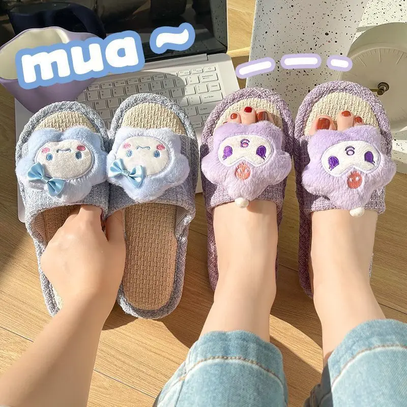 

Японские милые льняные тапочки «Hello Kitty» Cinnamoroll, домашние сандалии для девочек, четыре сезона, пара тапочек с героями мультфильмов, повседневные домашние бесшумные тапочки