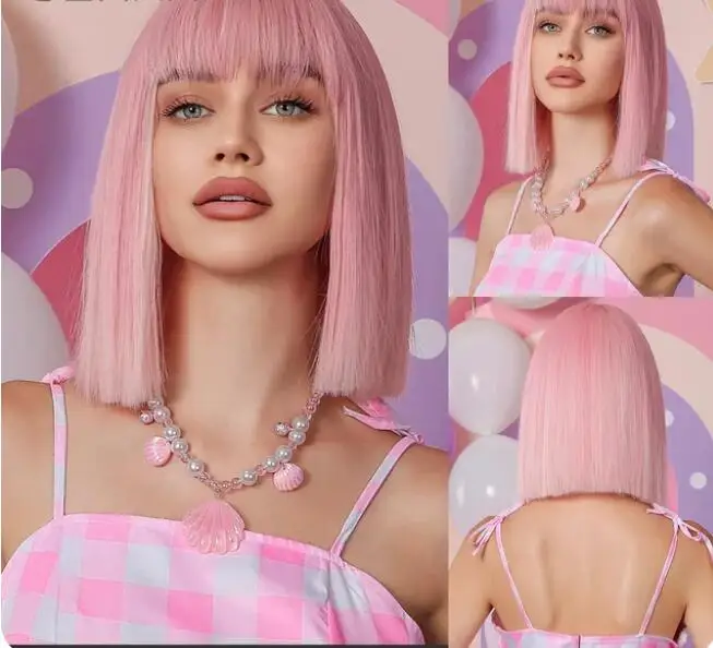 Parrucca Cosplay sintetica Bob corto rosa chiaro con frangia per le donne bianche parrucche per feste Lolita dritte capelli naturali resistenti al calore