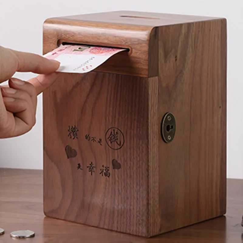 Wooden Money Box with Key Lock Chinese Mythical Creature Wealth Talisman Home Office Decor for Adults and Children