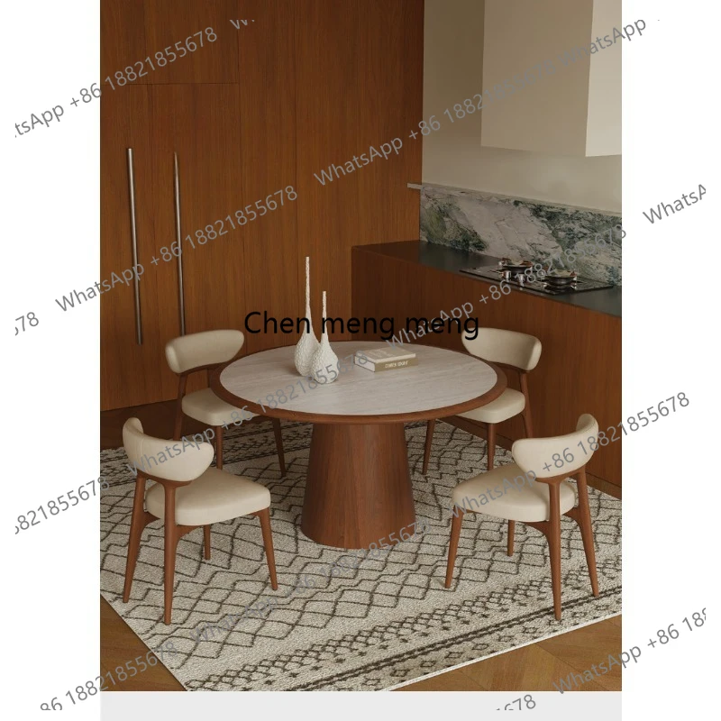 

Travertine rock slab household small apartment with embedded round with turntable solid wood round dining table and chair