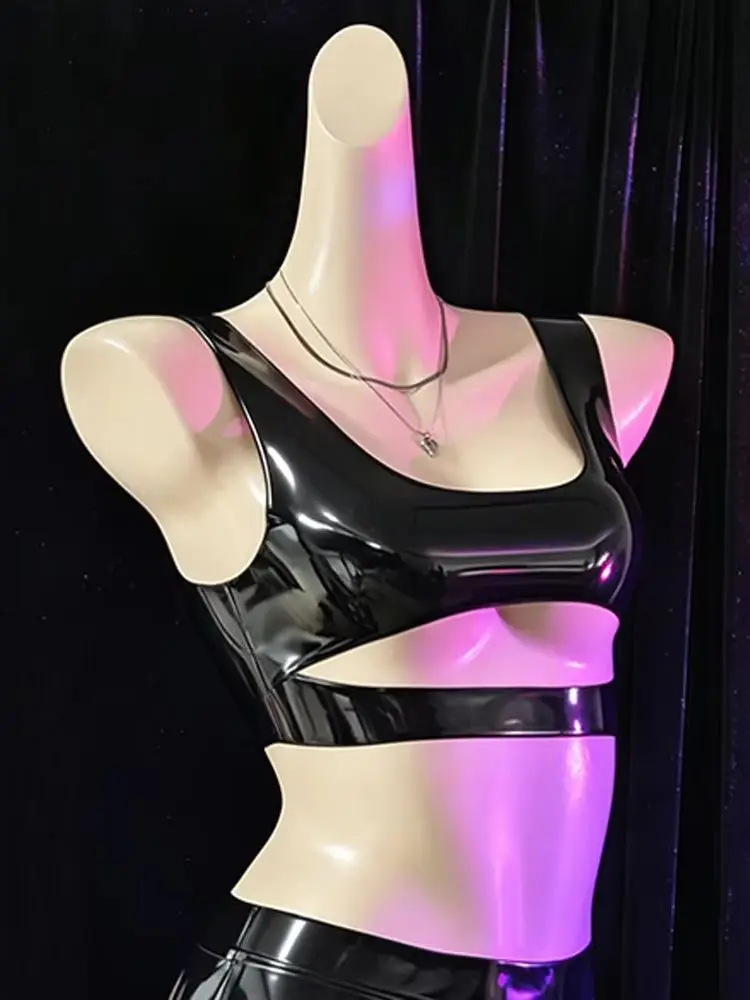 Wet Look Latex Tank Crop Top Hollow Out Bustier Tops Tights Elastic Gym Fitness Cropped Bikini Camis Vest Croptop Camisole Shirt view 2