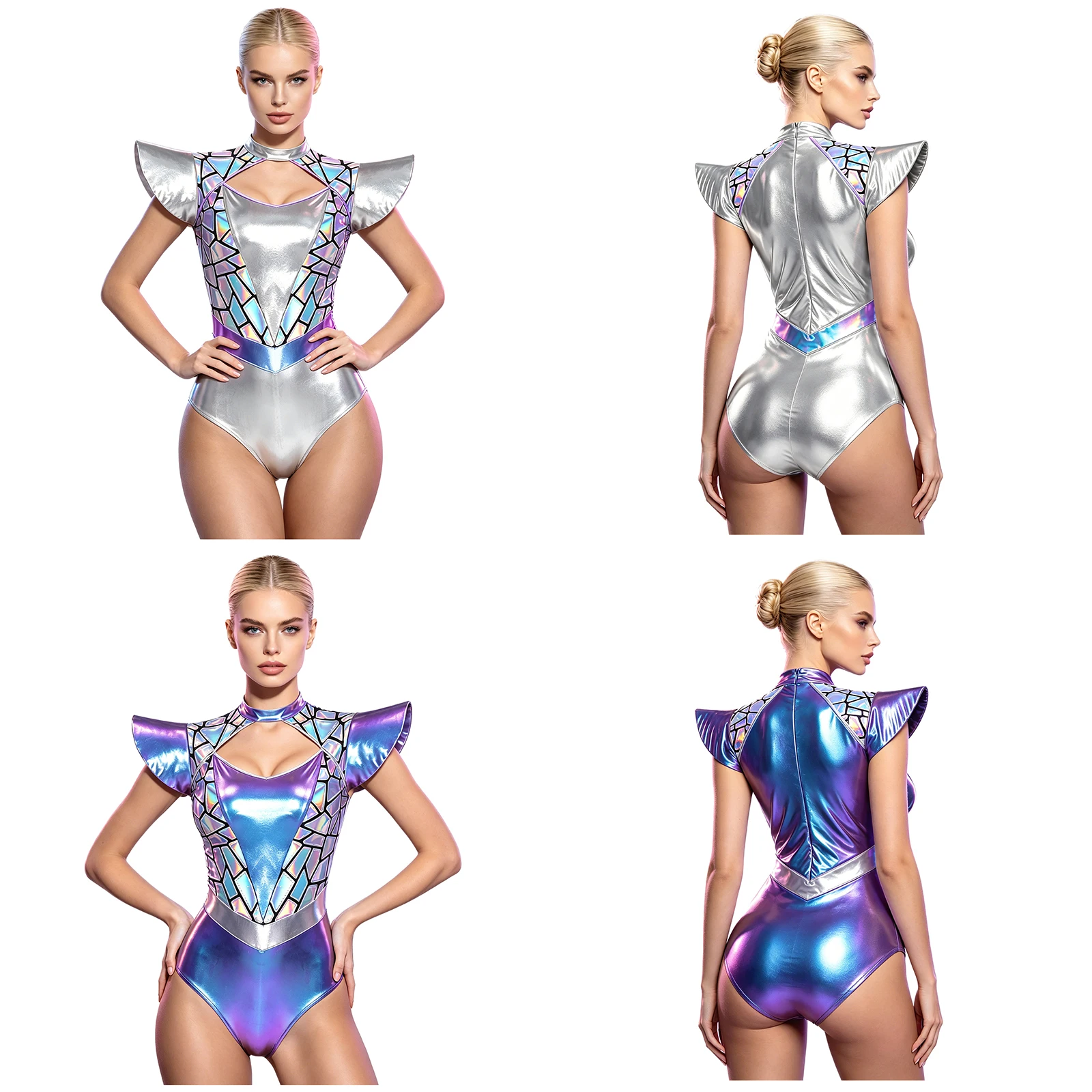 Womens Alien Robot Cosplay Leotard Metallic Shiny Bodysuit Gradient Sequins Front Cutout Fly Sleeve Moc Kneck Carnival Dress Up view 6