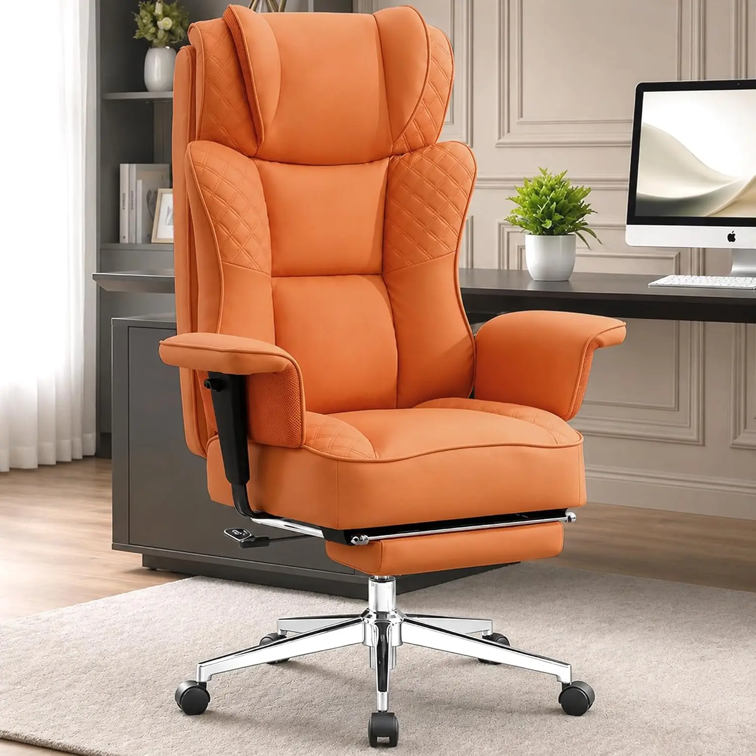 Office Desk Chair, High-Back Big and Tall Leather Chair with Footrest | Ergonomic Reclining Computer Chairs, Comfy, Customized