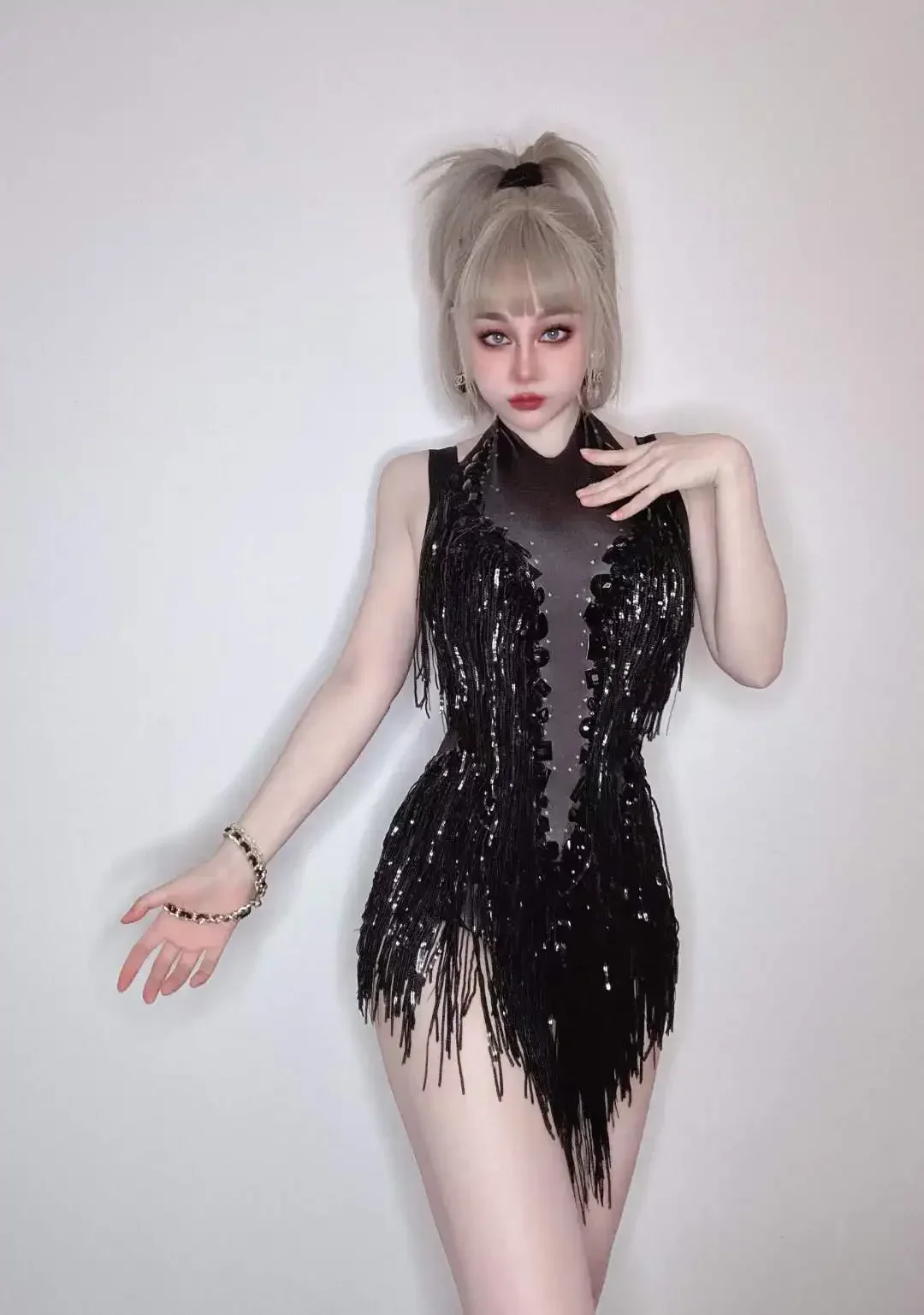 Sparkly Sexy Performance Queen Bodys Strass Damen Nachtclub Outfit mit Quaste Trikot Sänger Tänzer Kostüm Bühnenkleidung