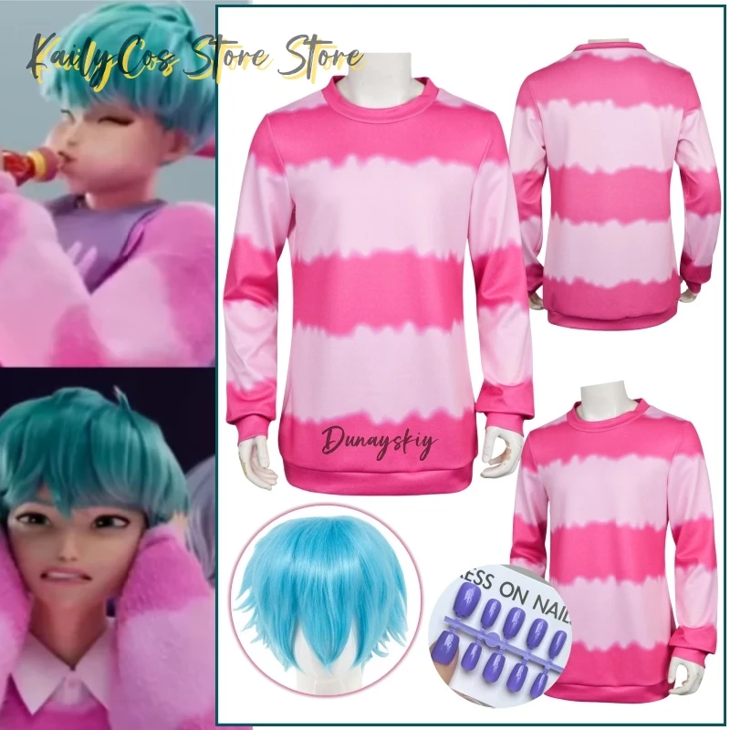 

Saja детский костюм для мальчиков, аниме Kpop, охотники на демонов, рэпер, косплей, розовая толстовка с длинными рукавами, униформа, парики, вечеринка на Хэллоуин