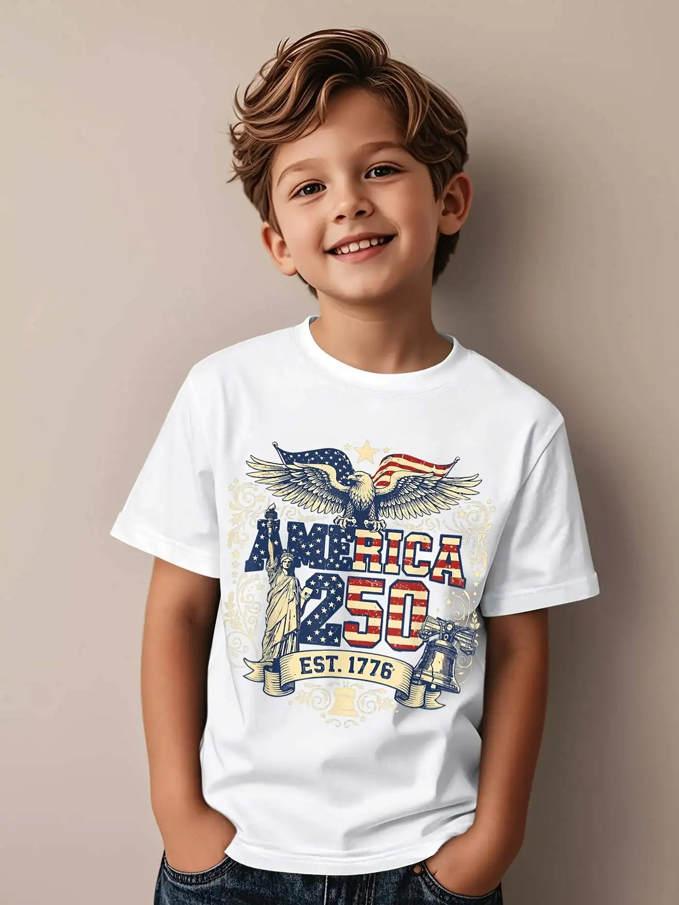 1pc Independence Day Kids' Eagle Statue Liberty Print White TShirt, Crew Neck, Casual Cotton Tee, Medium Stretch Knit Fabric, Regular Fit for Boys& Girls Children, Alphabet Pattern, for Spring/Summer/Fall Independence Day/Patriots Day/Memorial Day