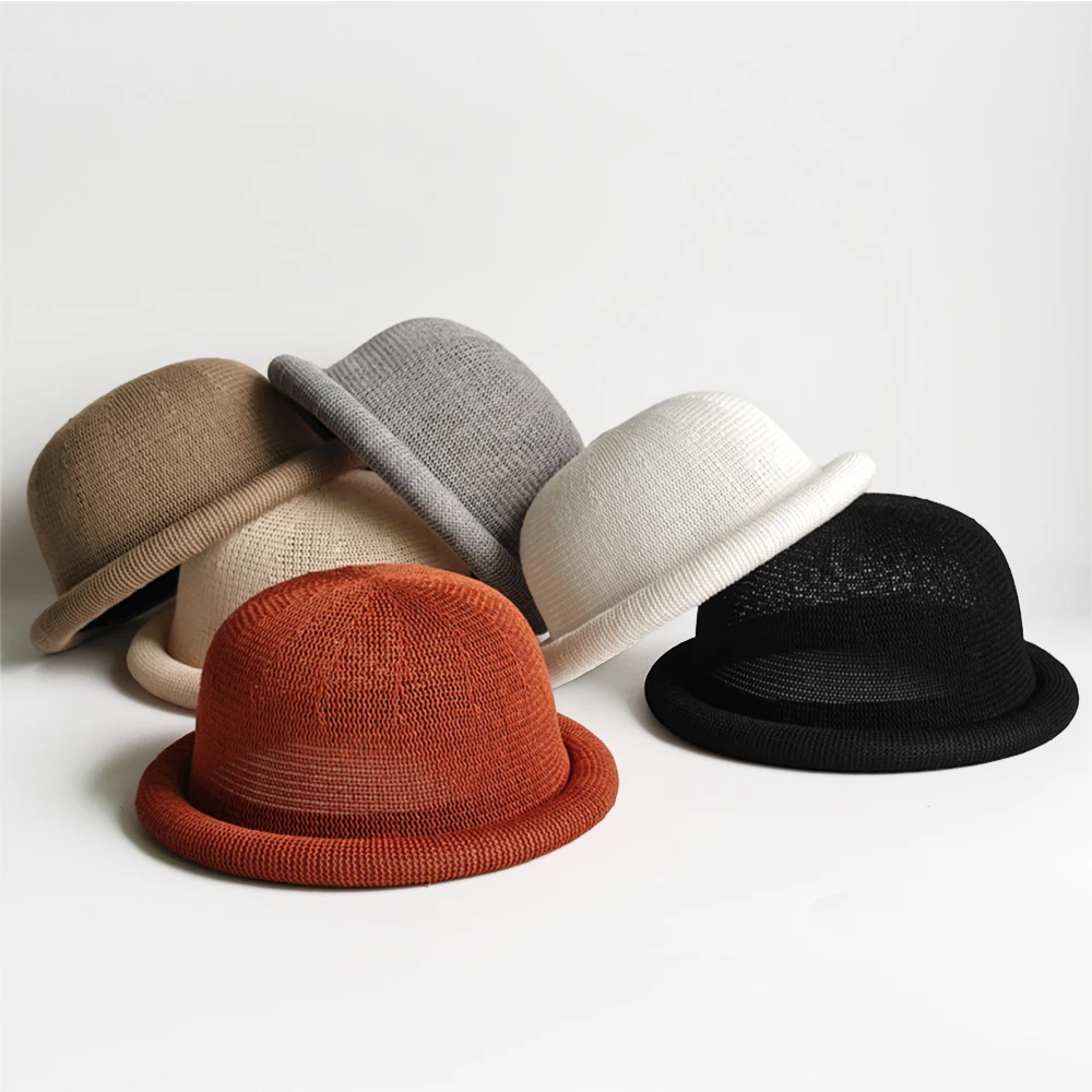 Korean Style Rolled-brimmed Small Fedora Hat Summer Knitted Cotton Linen Breathable Hollowed-out Bucket Hat Sun Hat