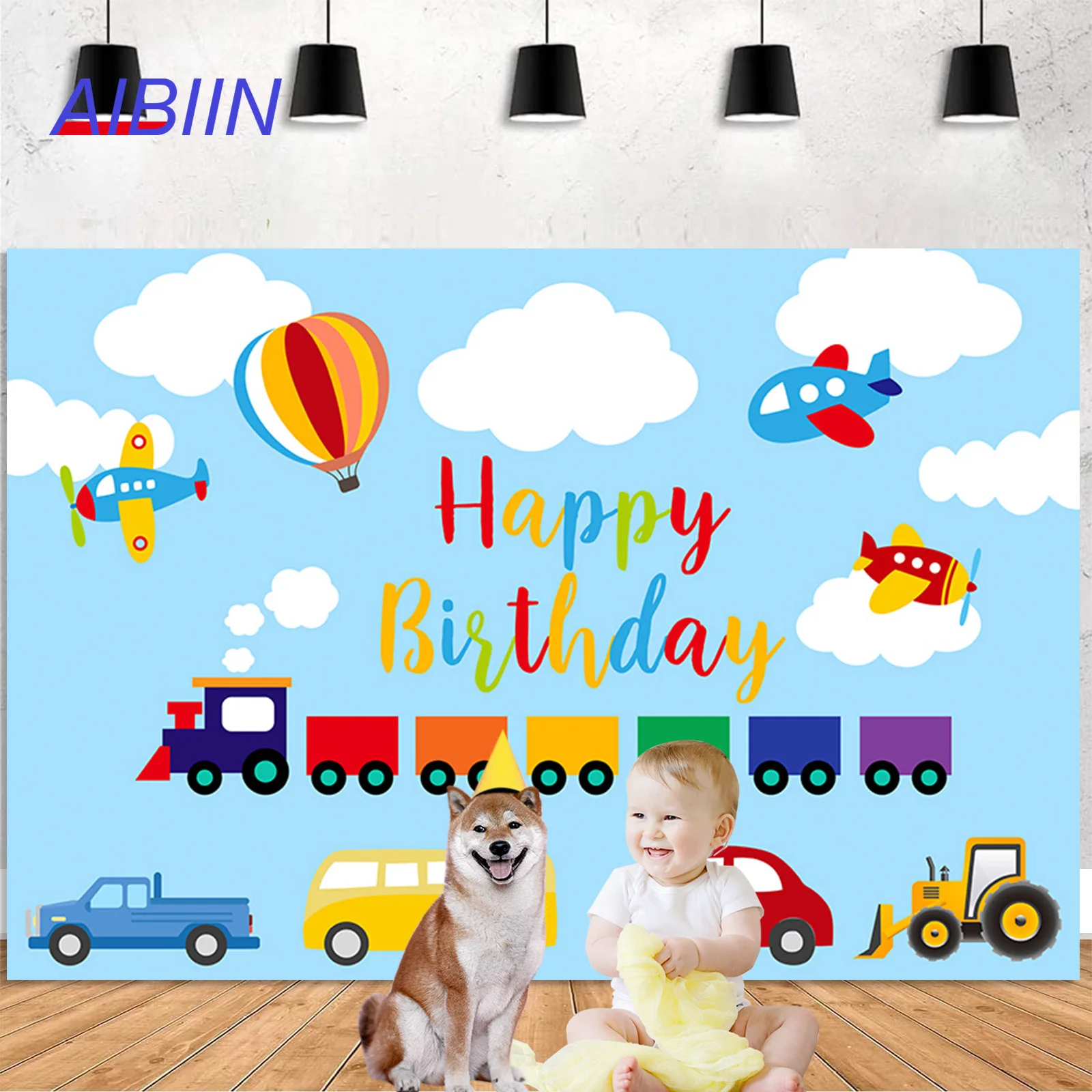 

Transportation Birthday Party Backdrop Blue Sky White Cloud Automobile Train Airplane Car Bus Truck Photography Background Decor