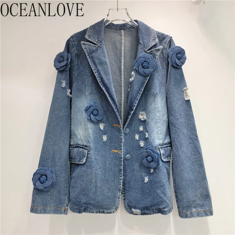 

OCEANLOVE 3D цветы джинсовые куртки женские весенние осенние винтажные свободные Jaqueta Feminina однобортные Chaquetas Mujer