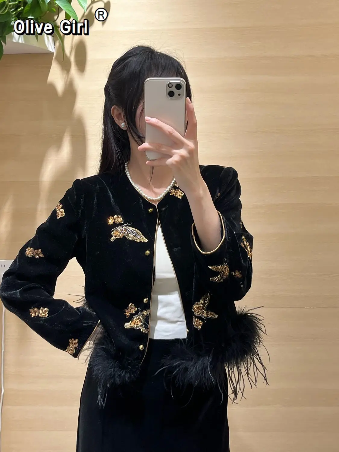 Luxury Coat Women's Clothing Feather Splicing Sequin Embroidered Gold Velvet Jacket Fashion Autumn Spring Chinese Style