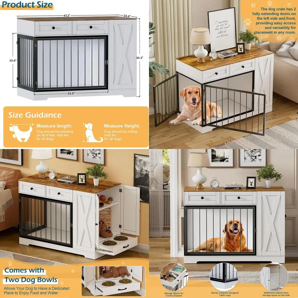 

Двухдверный деревянный домик для животных с кормушкой, шкафом для хранения и приставным столиком для крупных и средних собак, белый