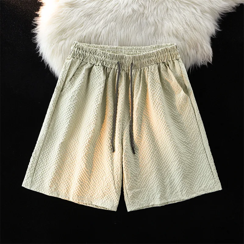 Hmsevenjz Summer Loose Pleated Ice Silk Shorts for Men's Straight Leg Wide Leg Elastic Waist Quick Drying Thin Beach Pants